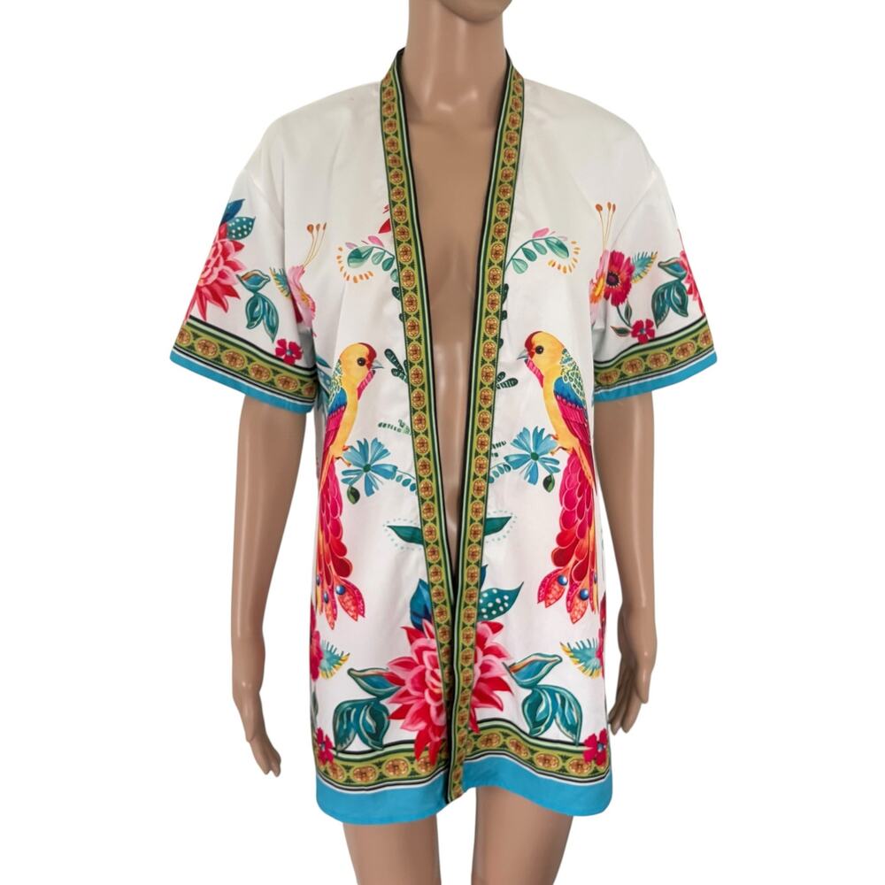 Tropical Parrot Bird Print Kimono Cover Up Open Front Resort Vacation Boho Sz M